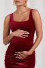 Lisbon | Berry Velvet Maternity Square Neck Ruched Midi Dress sold by Club L London