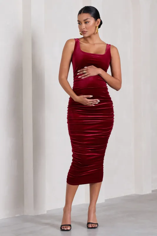 Lisbon | Berry Velvet Maternity Square Neck Ruched Midi Dress sold by Club L London