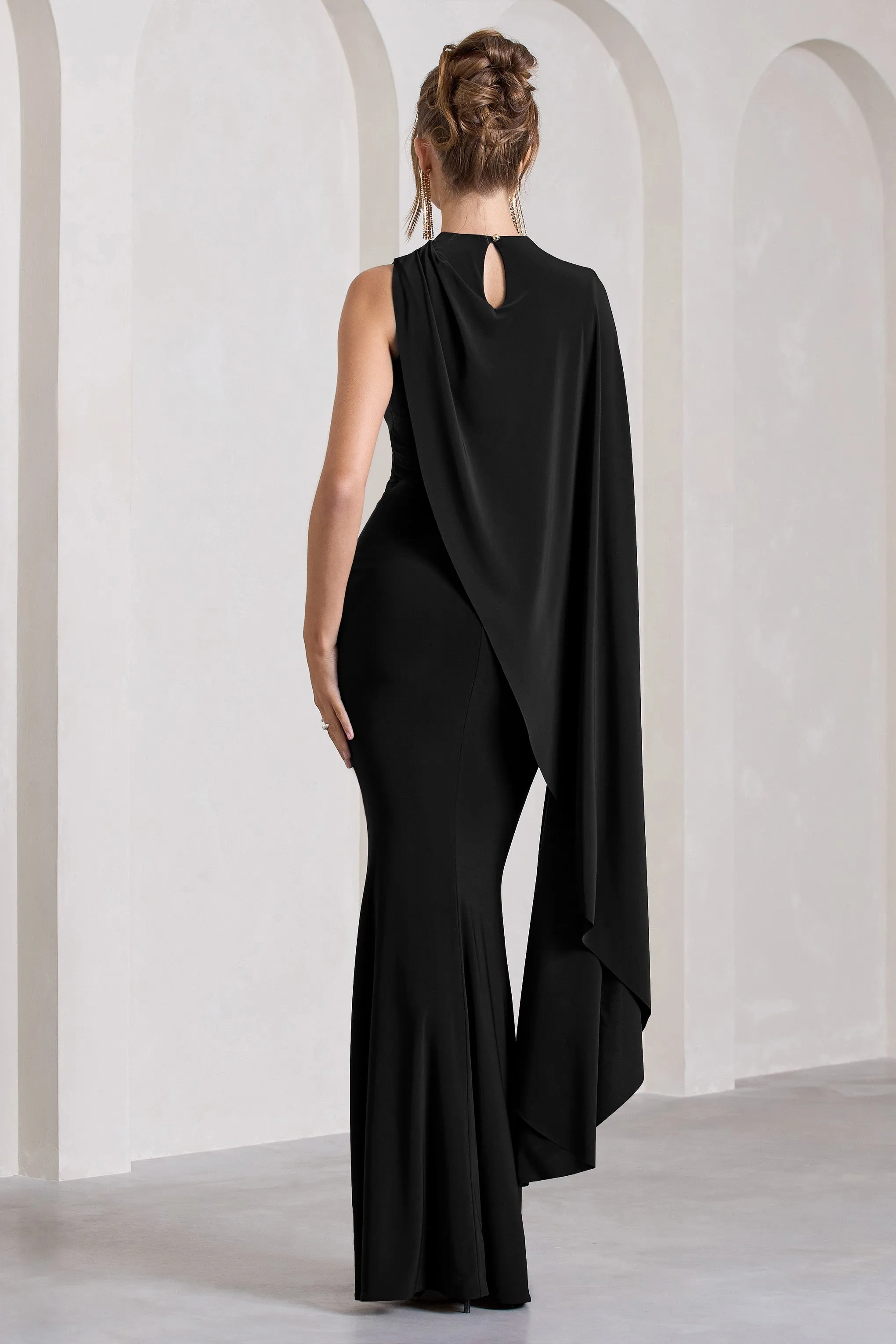 Unveil | Black One-Sleeve Cape Maxi Dress sold by Club L London product image thumbnail 2