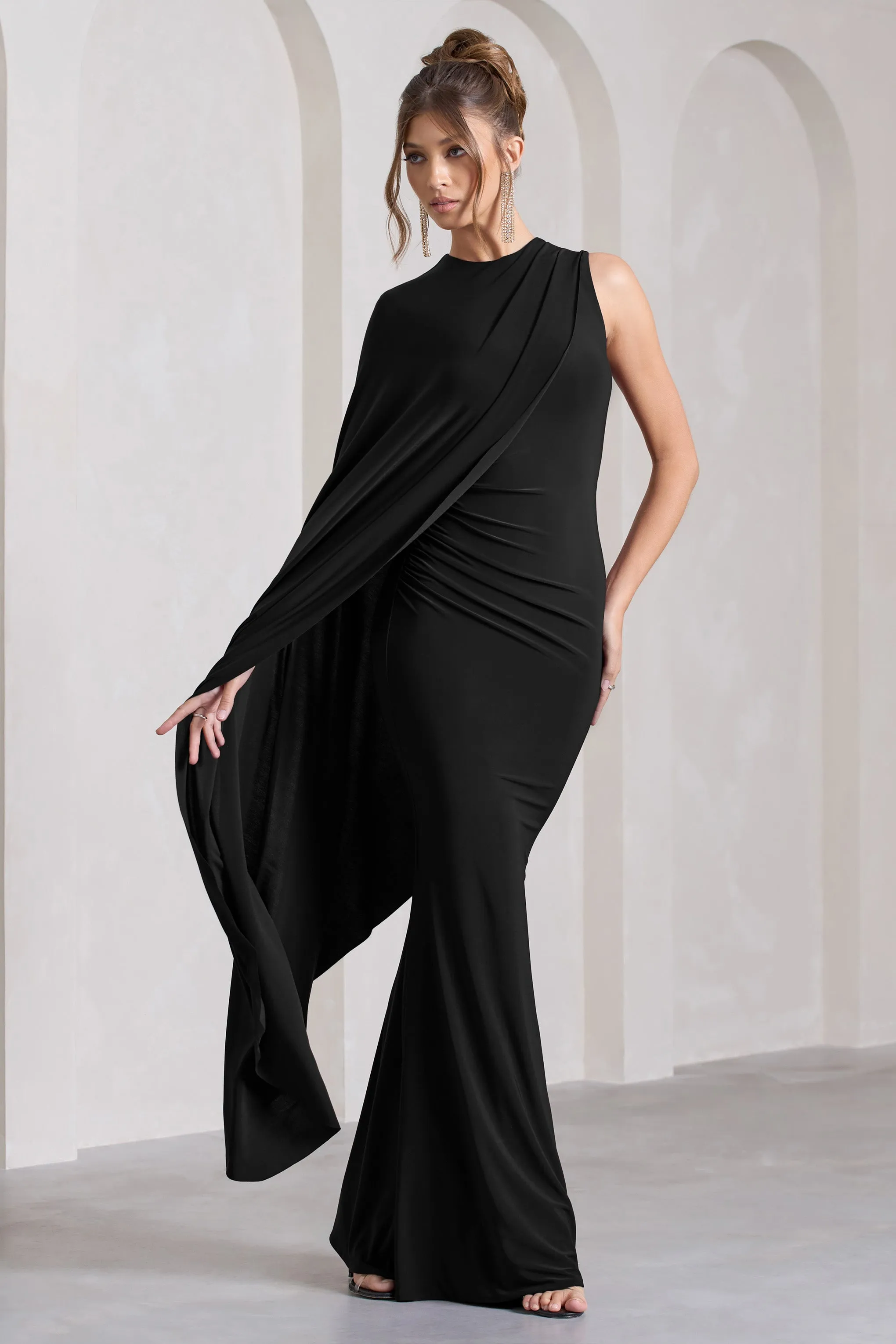 Unveil | Black One-Sleeve Cape Maxi Dress sold by Club L London product image thumbnail 4