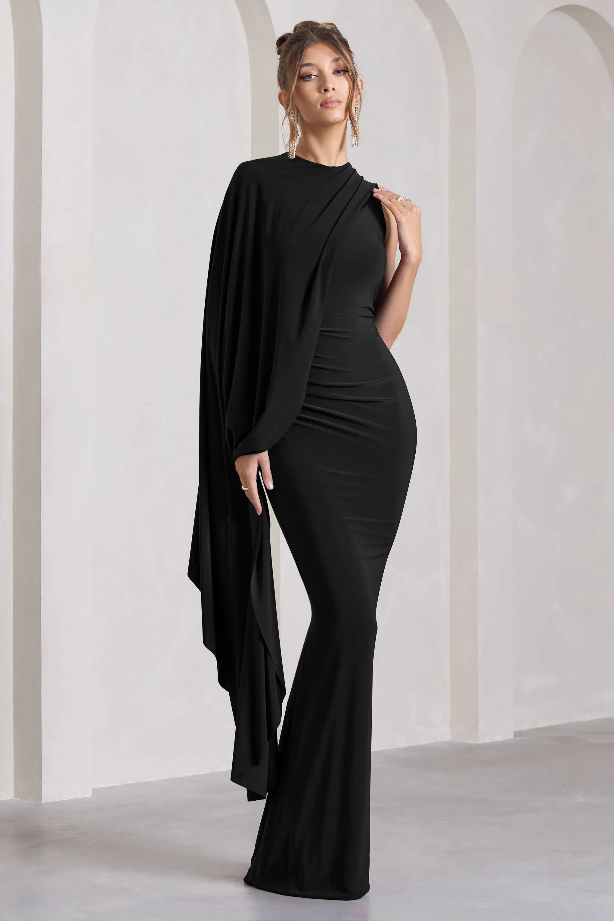 Unveil | Black One-Sleeve Cape Maxi Dress sold by Club L London product image thumbnail 5