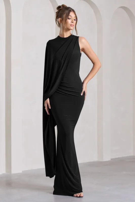 Unveil | Black One-Sleeve Cape Maxi Dress sold by Club L London