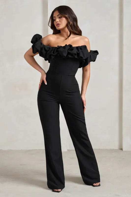 Esmie | Black Structured Statement Bardot Wide Leg Jumpsuit sold by Club L London