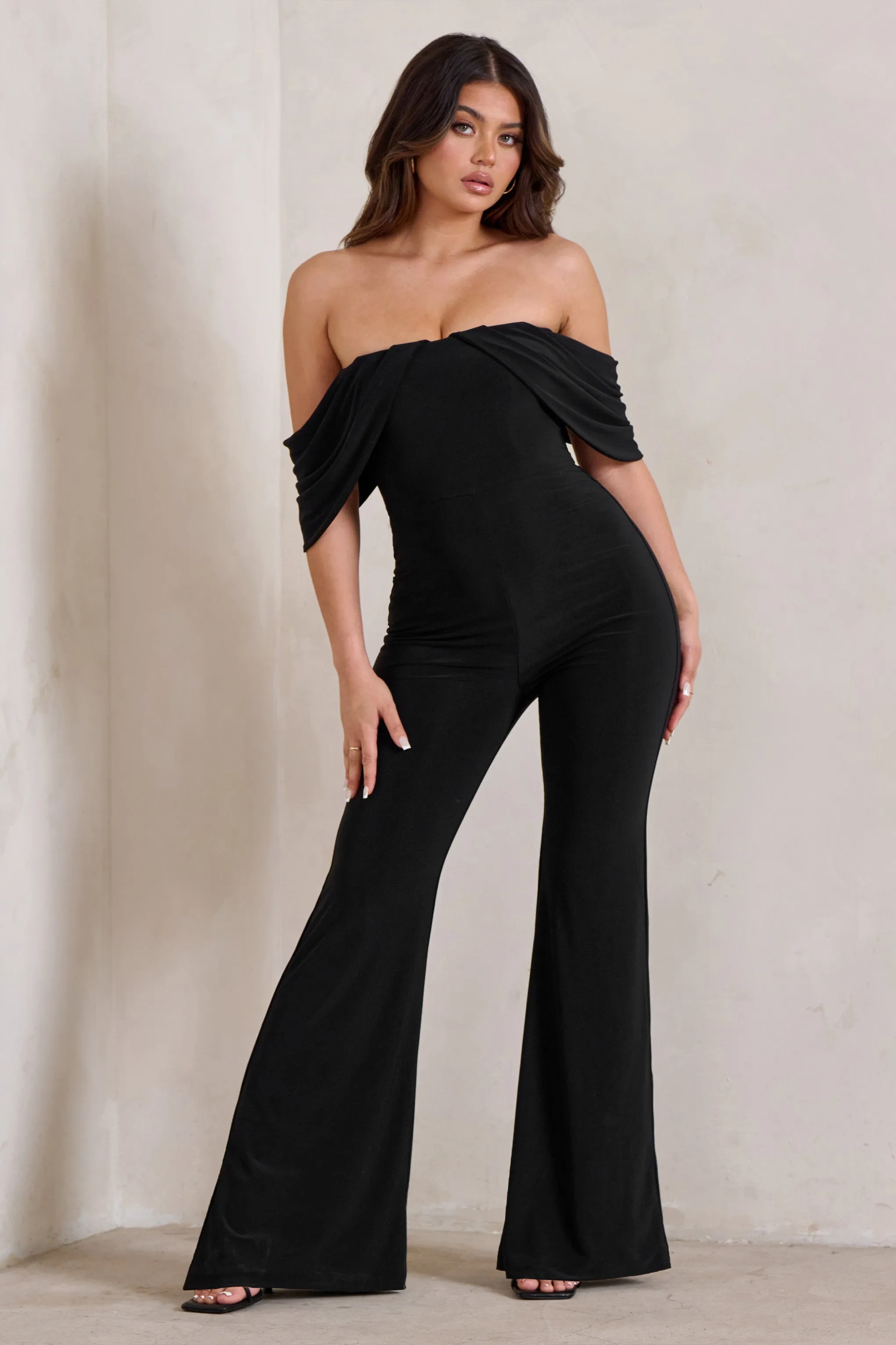 Bonnie | Black Bardot Drape Sleeve Jumpsuit sold by Club L London