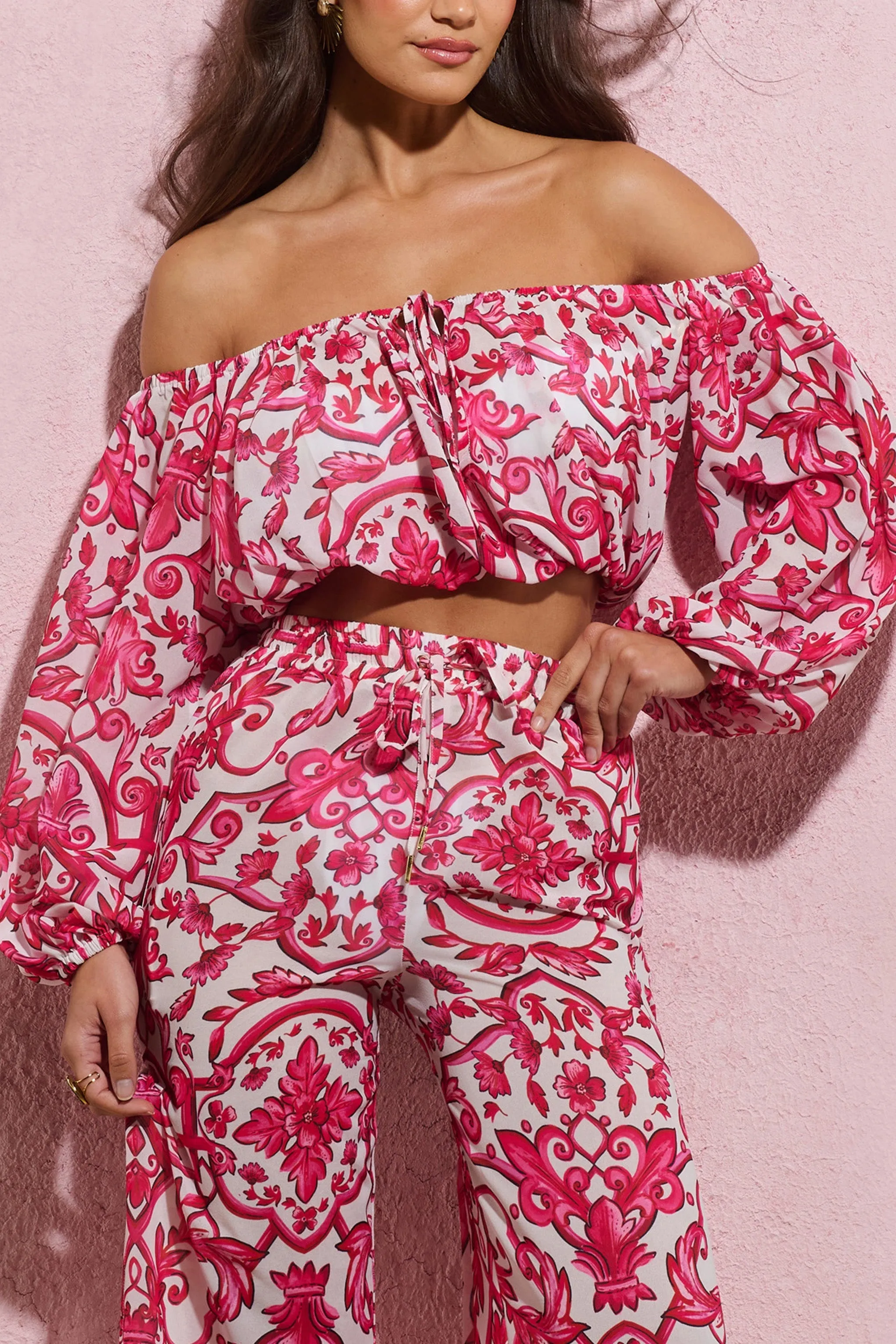 Joi | Pink Porcelain Print Chiffon Bardot Crop Top sold by Club L London product image thumbnail 3