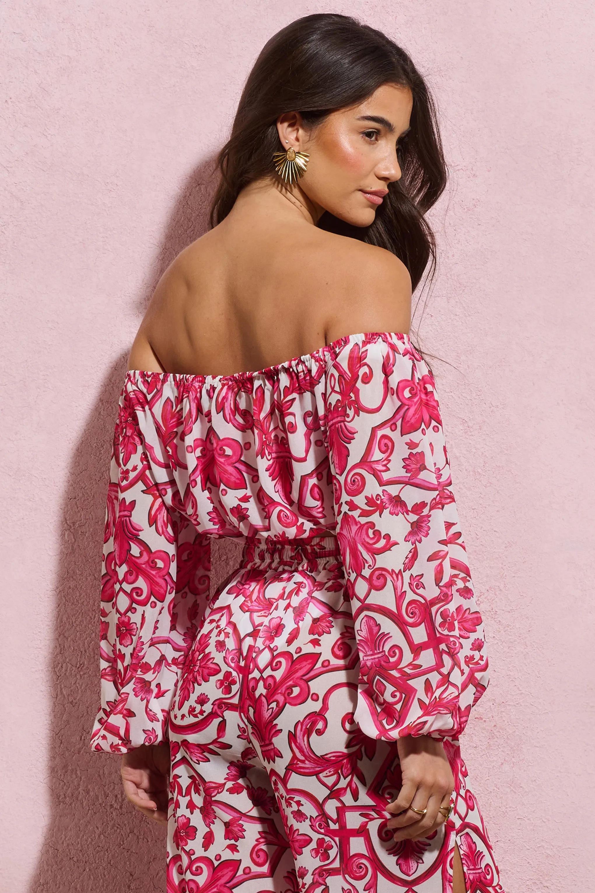 Joi | Pink Porcelain Print Chiffon Bardot Crop Top sold by Club L London product image thumbnail 2