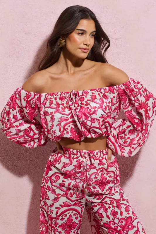 Joi | Pink Porcelain Print Chiffon Bardot Crop Top sold by Club L London