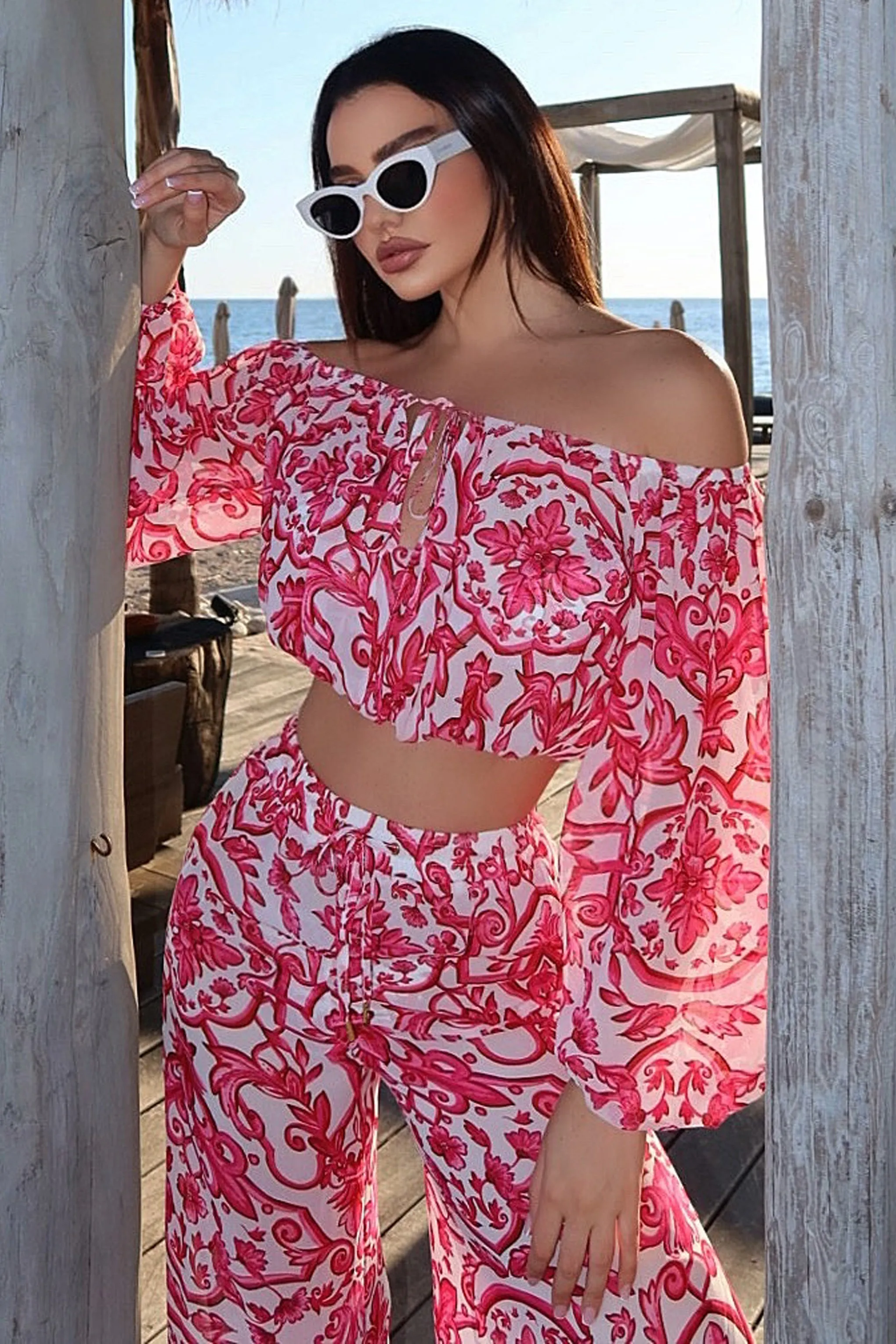 Joi | Pink Porcelain Print Chiffon Bardot Crop Top sold by Club L London product image thumbnail 5