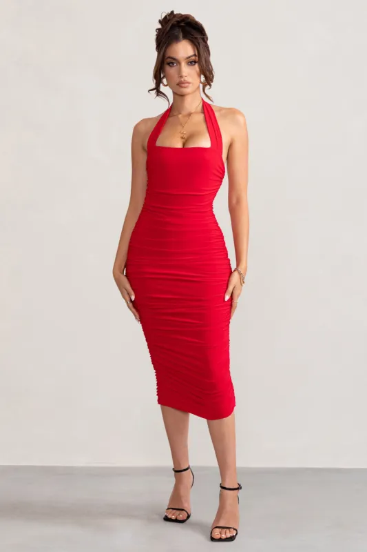 Letitia | Red Halter Neck Ruched Bodycon Midi Dress sold by Club L London