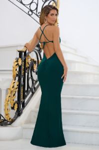 Guest List | Bottle Green Backless Knot Detail Fishtail Maxi Dress sold by Club L London