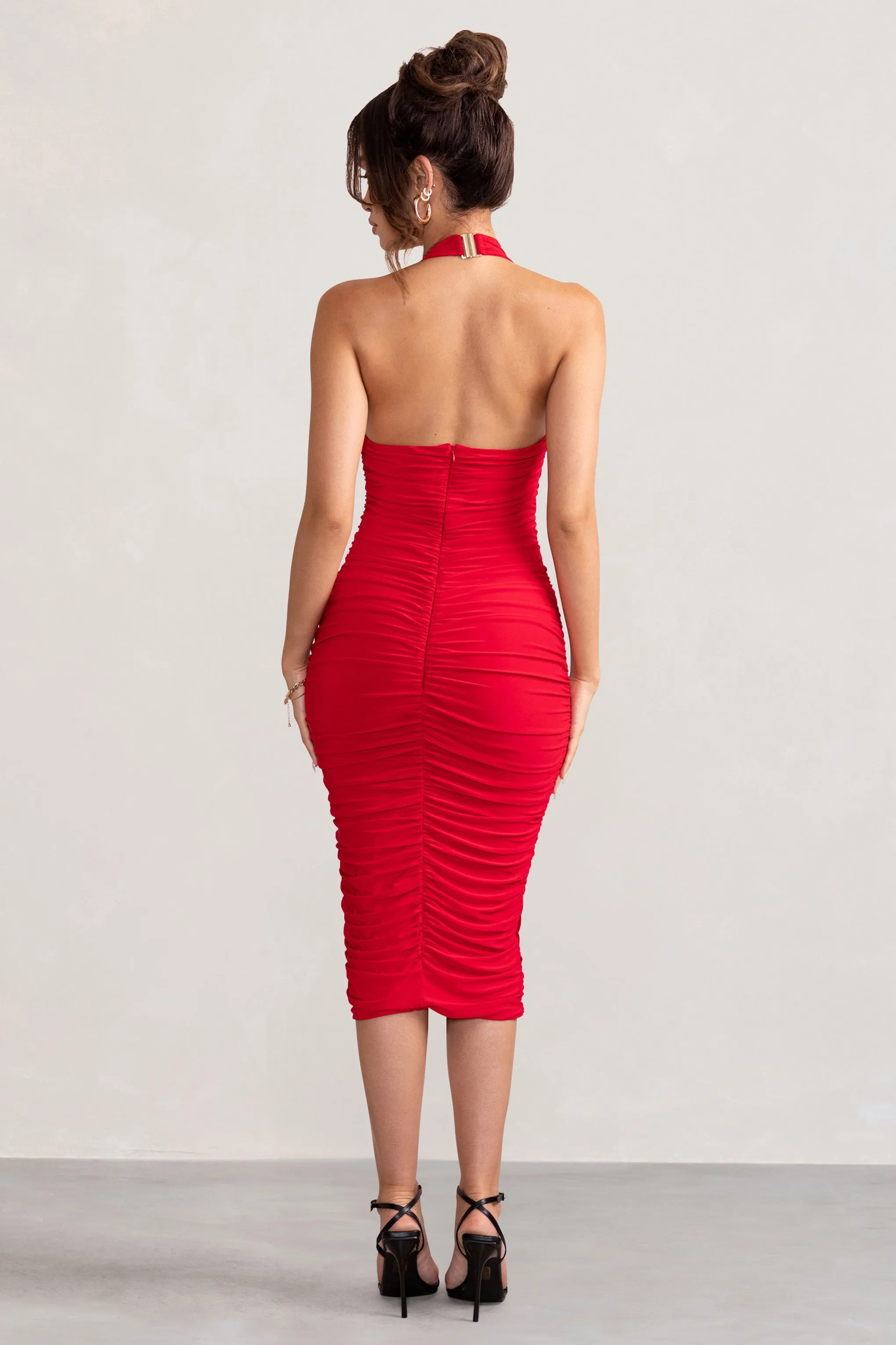 Letitia | Red Halter Neck Ruched Bodycon Midi Dress sold by Club L London product image thumbnail 2