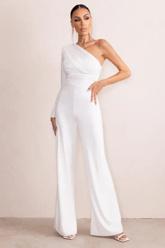 Mila | White One Shoulder Ruched Wide Leg Jumpsuit made by Club L London