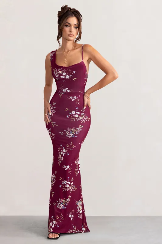 Dream of Me | Burgundy Floral Print Asymmetric Neckline Cowl Maxi Dress sold by Club L London