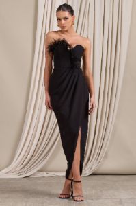 High Class | Black Bandeau Thigh Split Maxi Dress With Feather Trim sold by Club L London