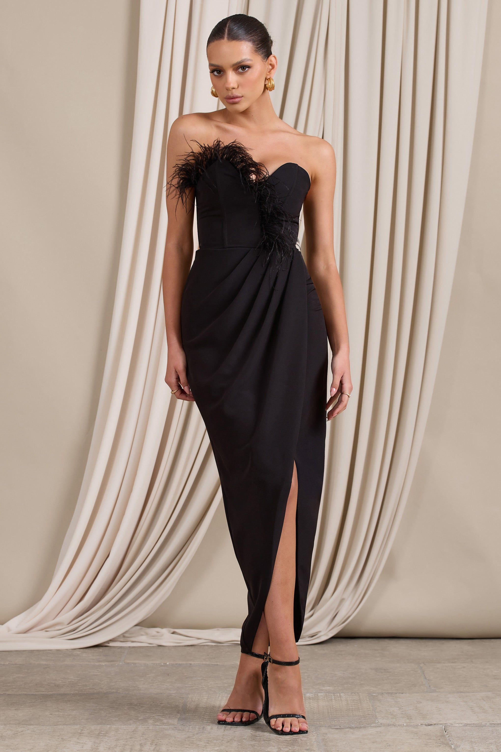 High Class | Black Bandeau Thigh Split Maxi Dress With Feather Trim sold by Club L London product image thumbnail 4