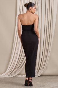 High Class | Black Bandeau Thigh Split Maxi Dress With Feather Trim sold by Club L London