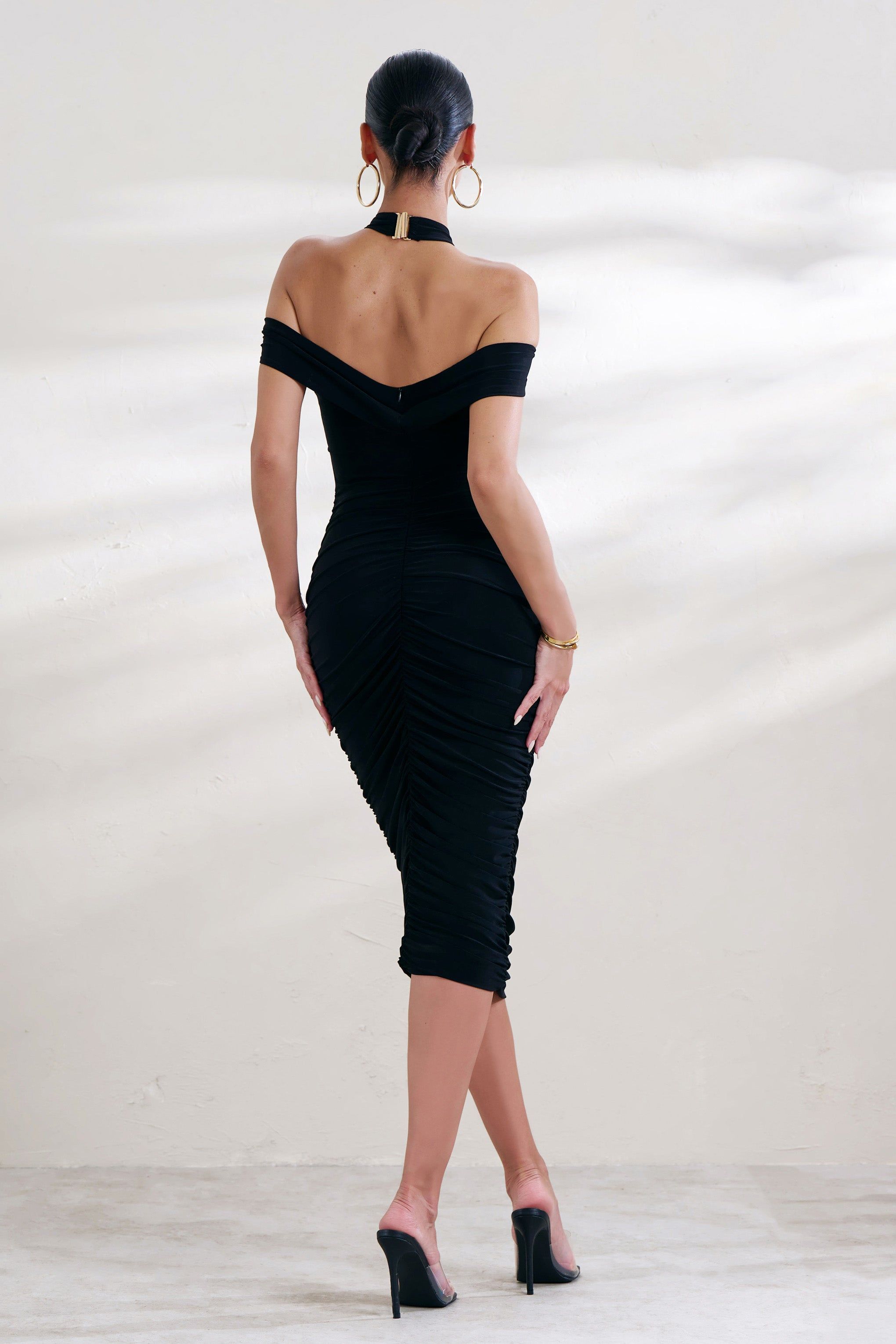 Prague | Black Halter Neck Cut Out Ruched Midi Dress sold by Club L London product image thumbnail 2