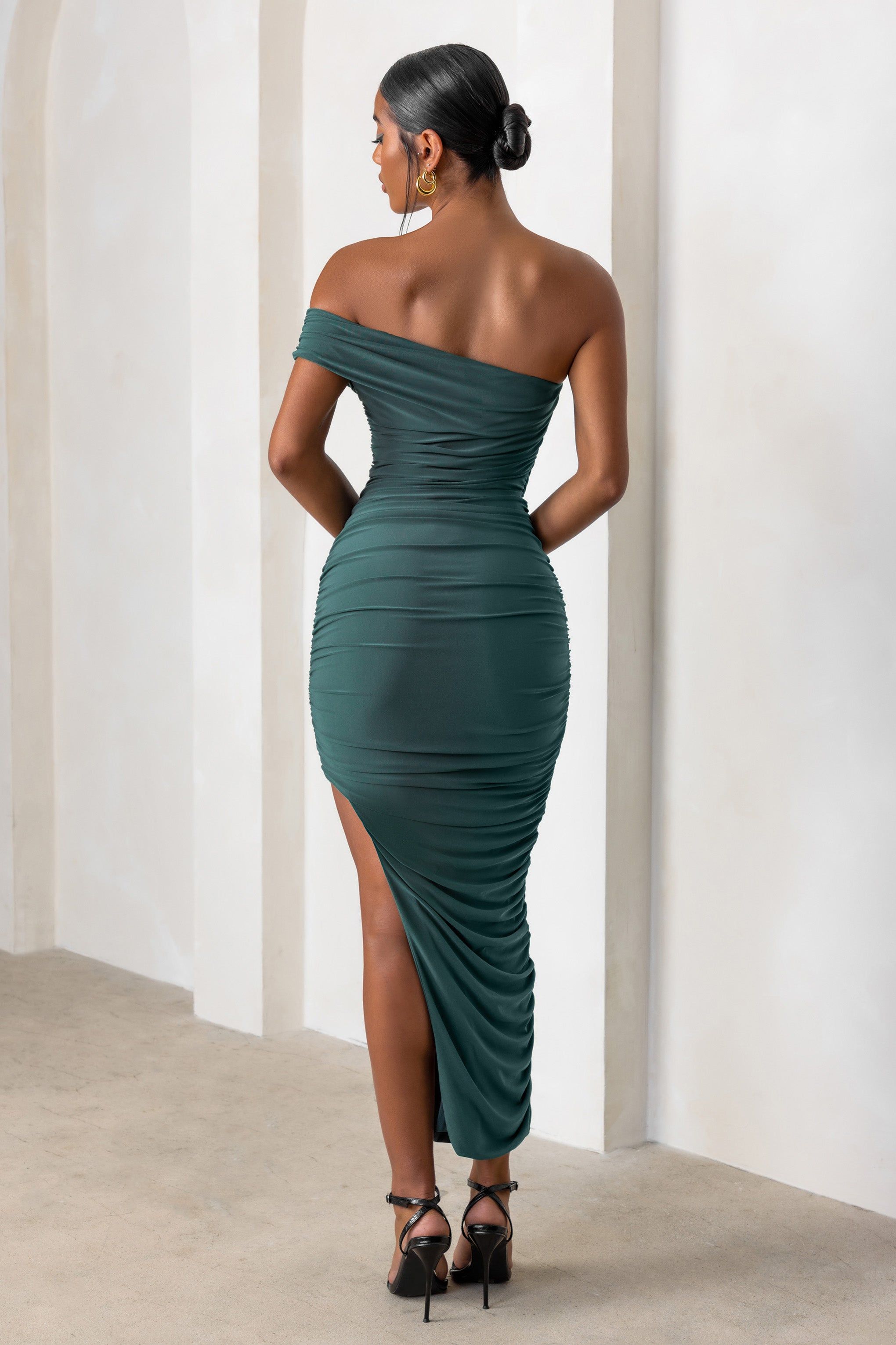 Celine | Forest Green Asymmetric One Shoulder Ruched Maxi Dress With Curved Cut Out sold by Club L London product image thumbnail 2