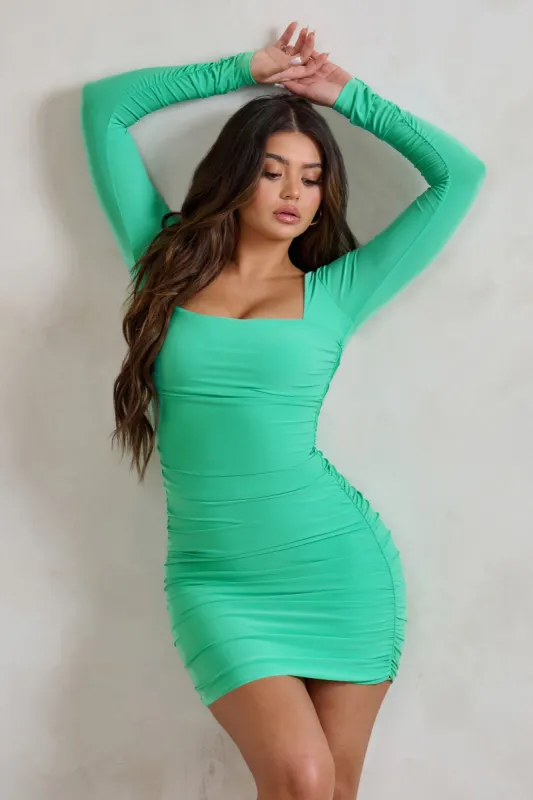 Muse | Spring Bud Long Sleeve Square Neck Ruched Mini Dress sold by Club L London