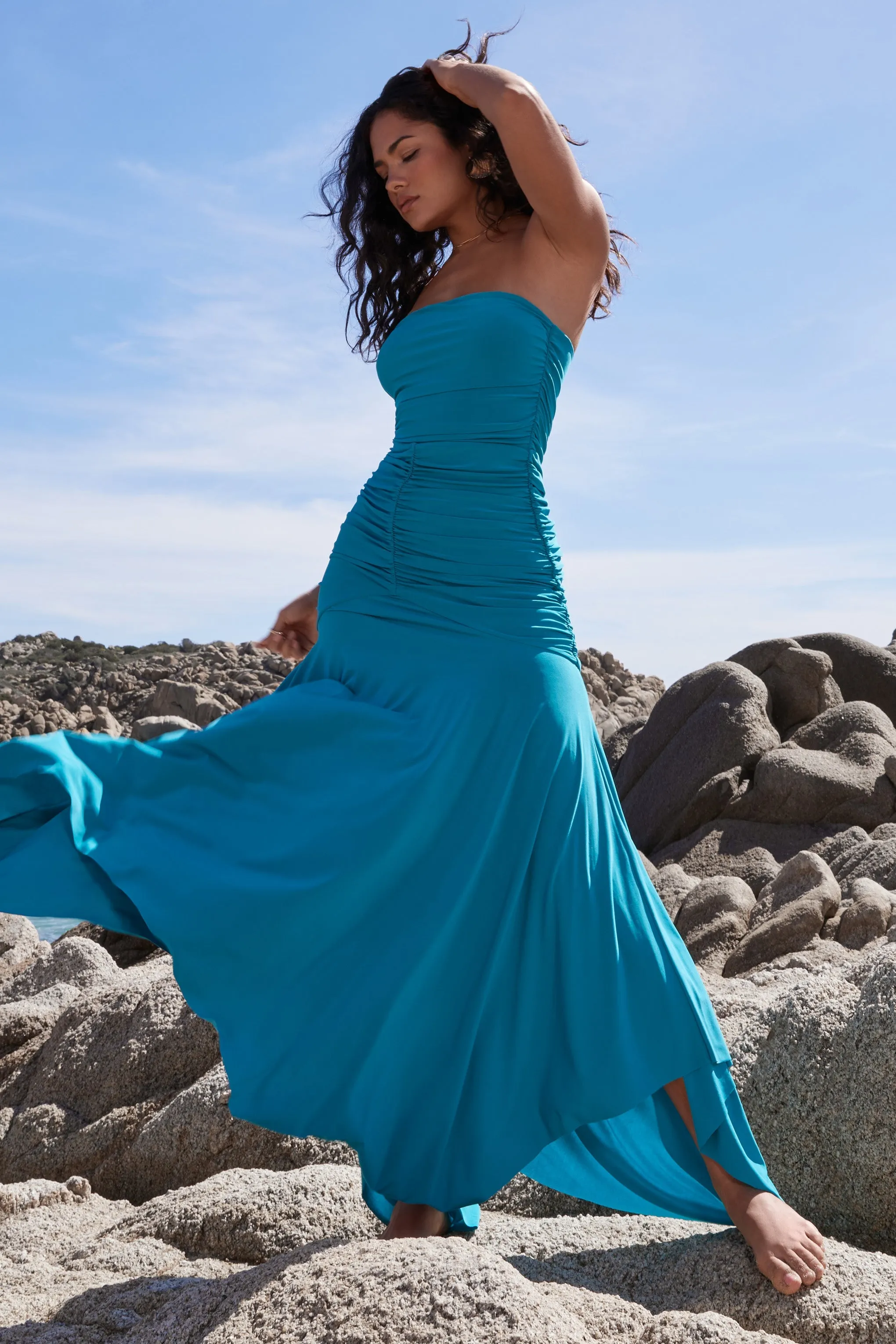Florianne | Turquoise Ruched Bandeau Maxi Dress sold by Club L London