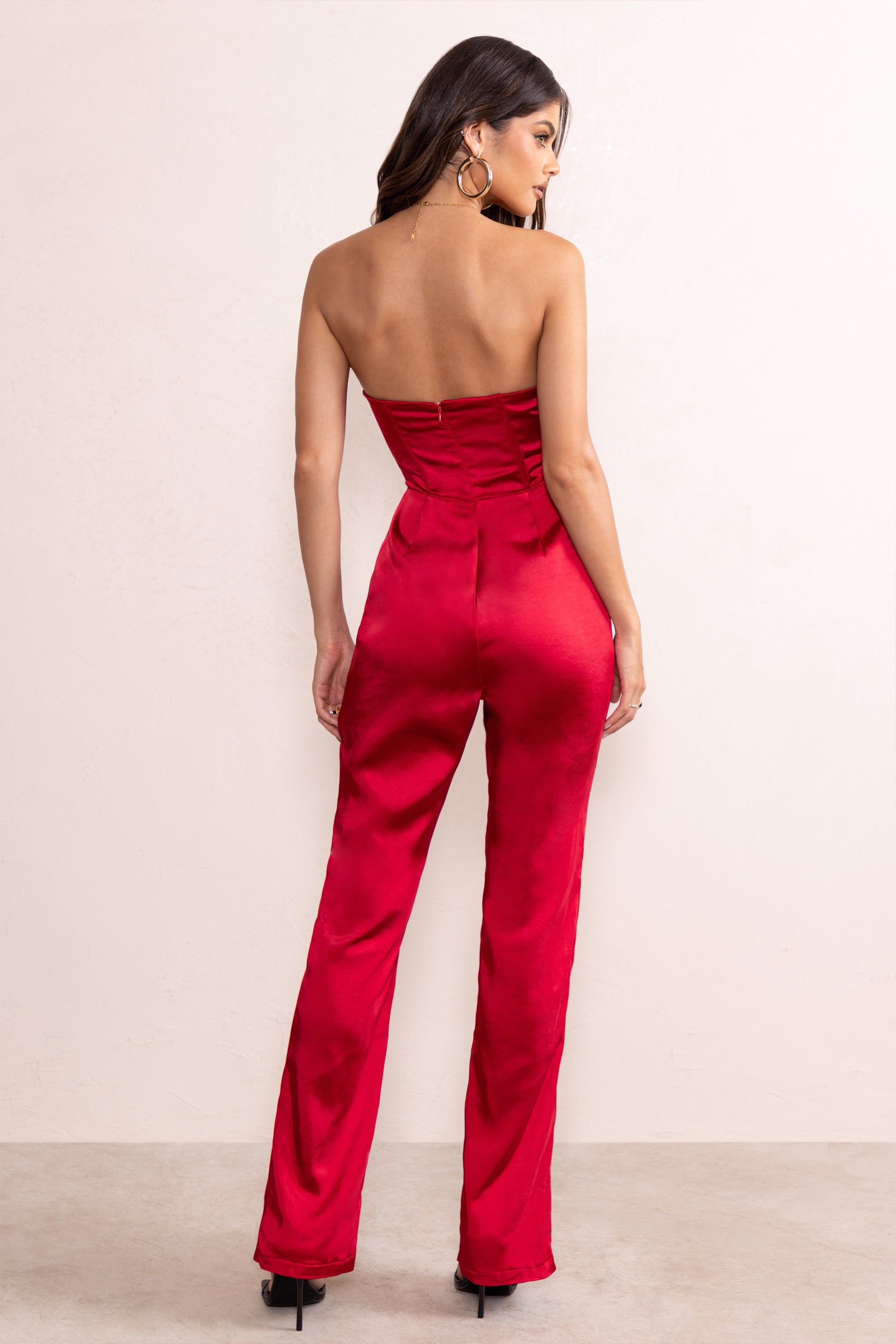 Amiah | Berry Red Satin Strapless Straight Leg Jumpsuit sold by Club L London product image thumbnail 2
