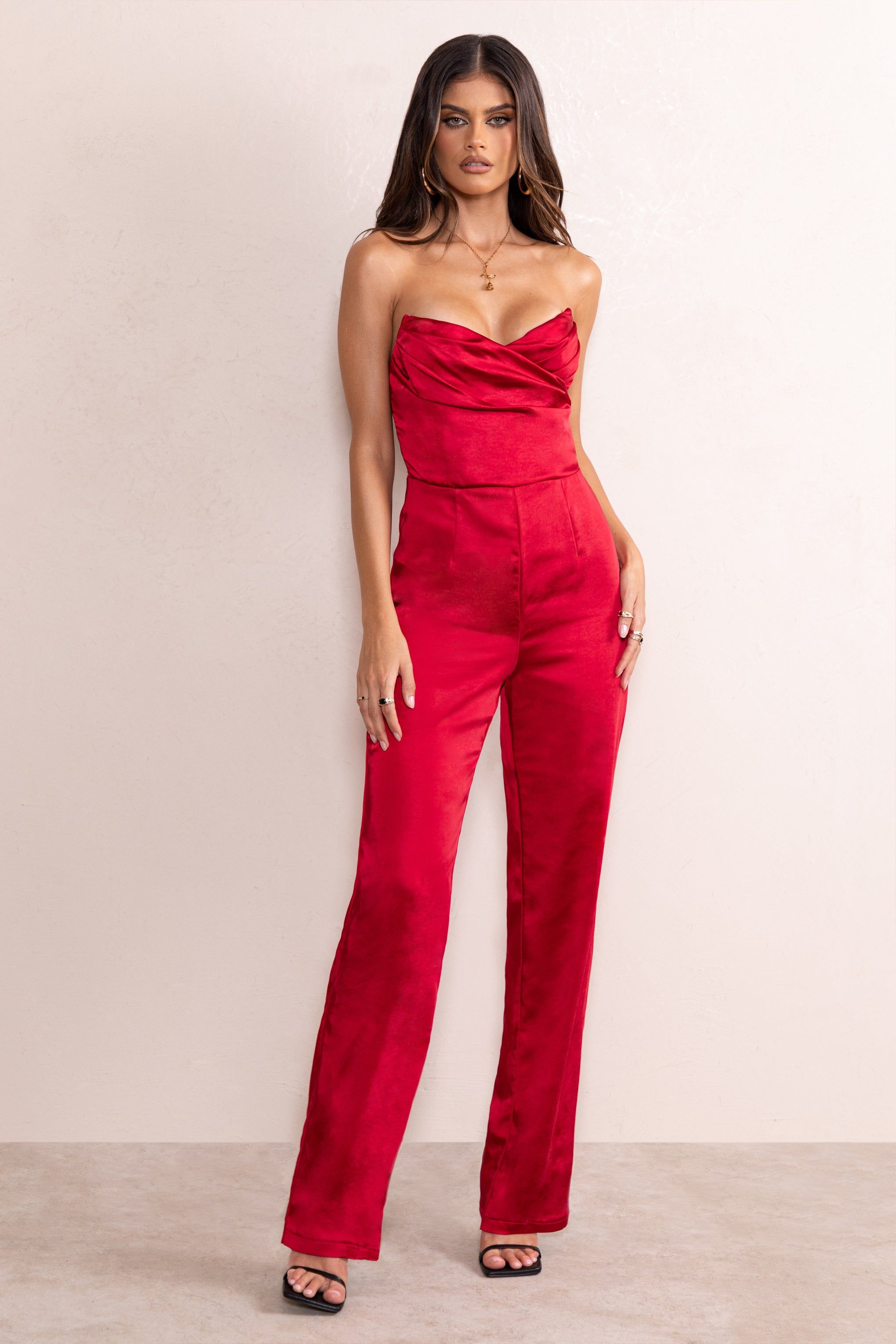 Amiah | Berry Red Satin Strapless Straight Leg Jumpsuit sold by Club L London