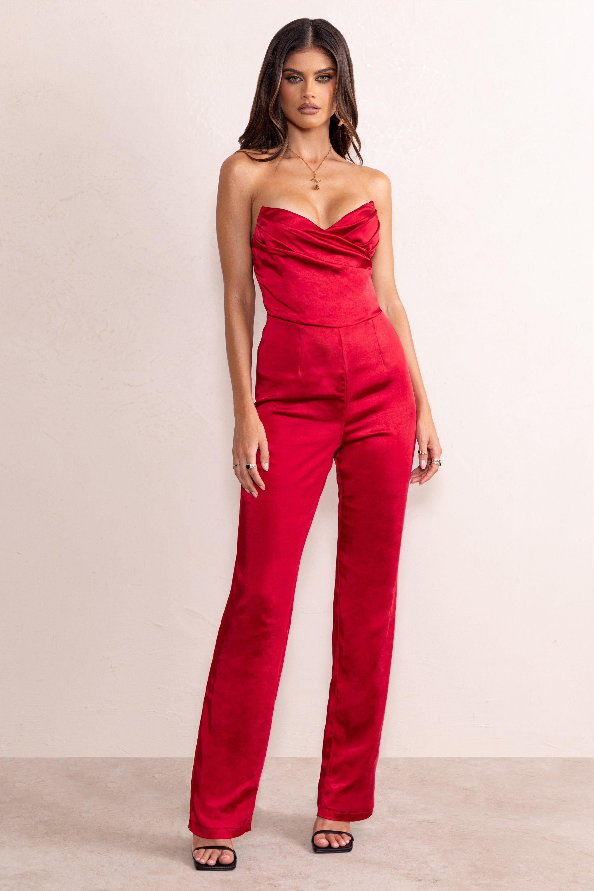 Amiah | Berry Red Satin Strapless Straight Leg Jumpsuit sold by Club L London product image thumbnail 5