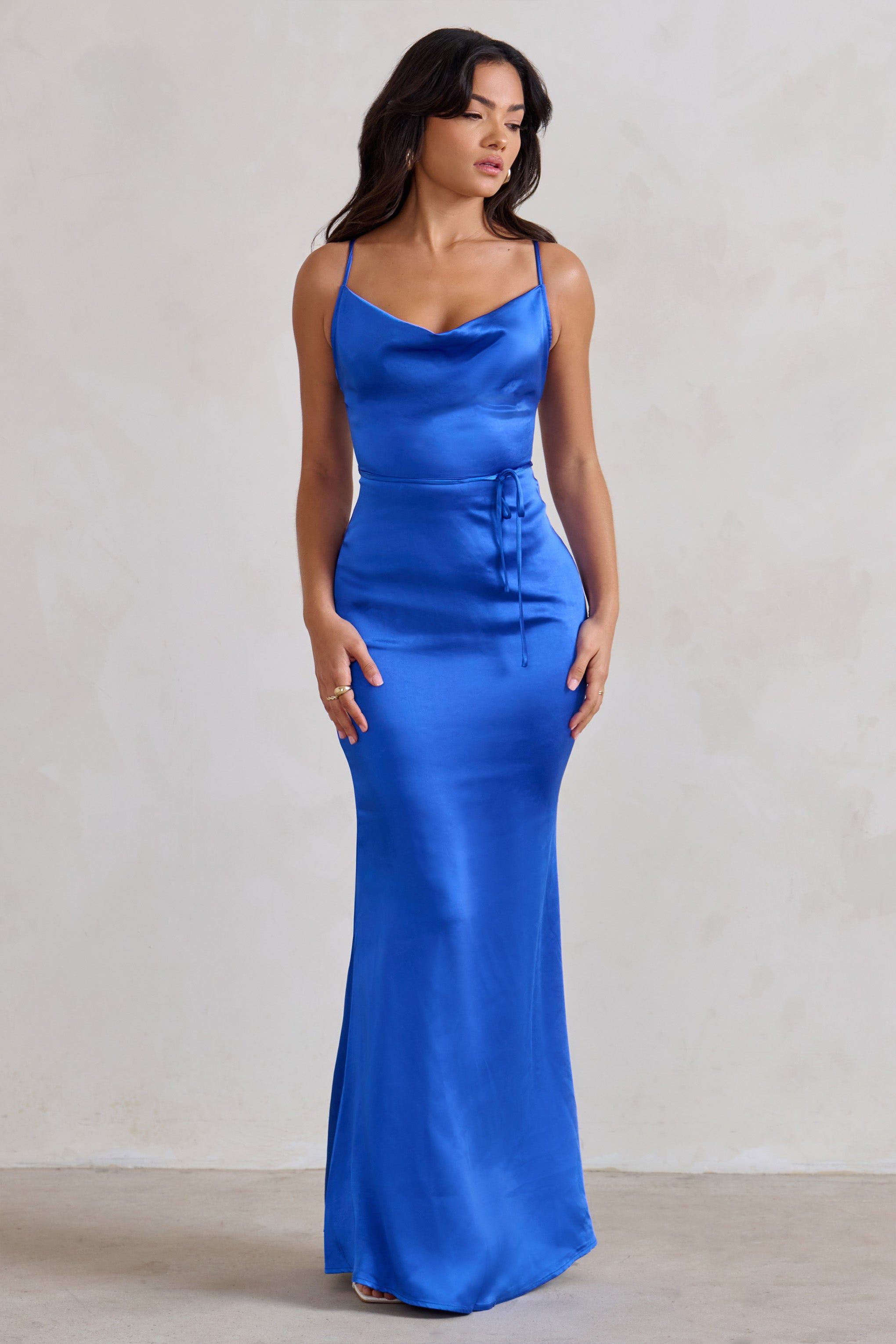 Lifetime | Cobalt Blue Satin Cowl Neck Maxi Dress With Cross Back Detail sold by Club L London