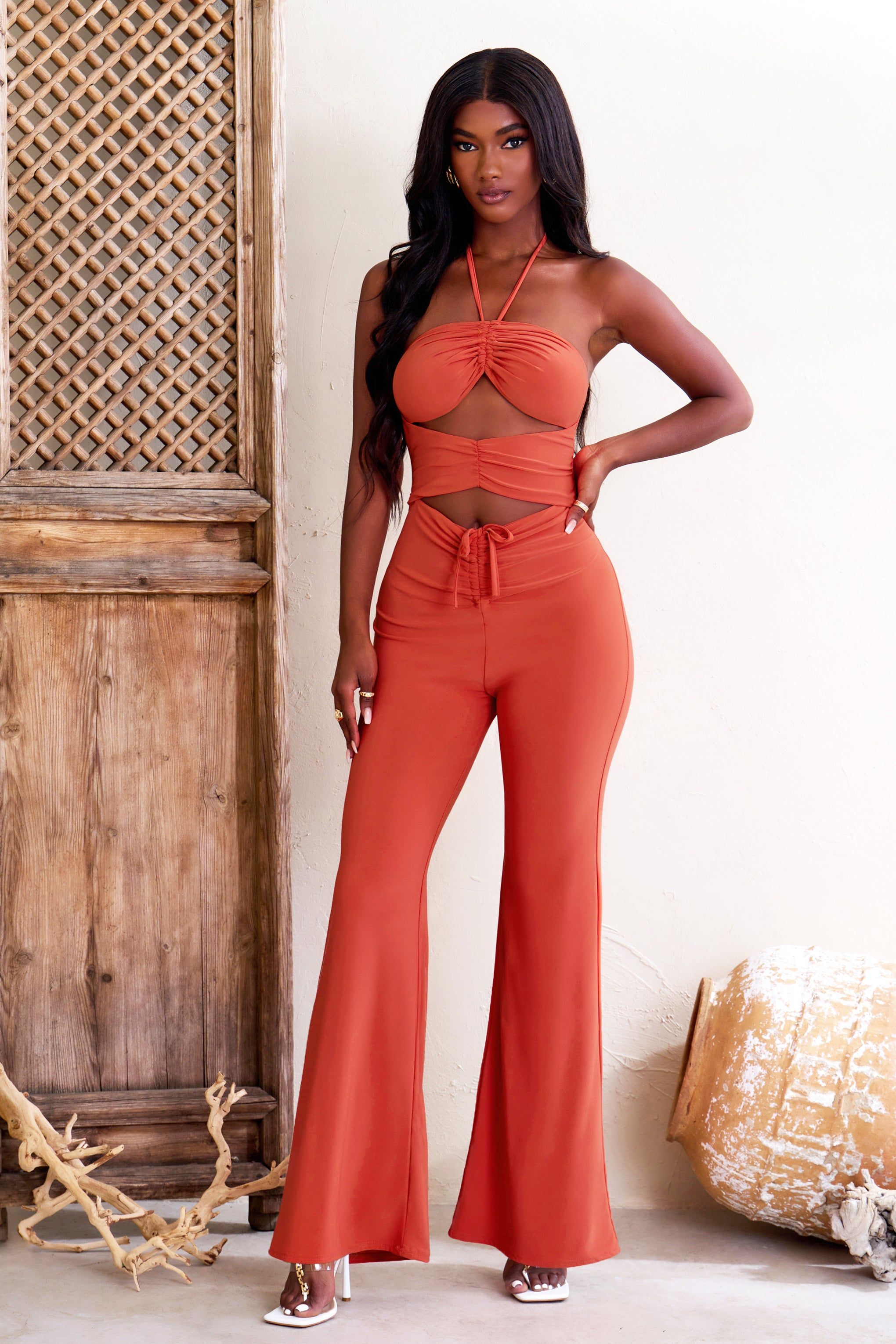 Call The Shots | Orange Halterneck Ruched Cut Out Jumpsuit sold by Club L London product image thumbnail 3
