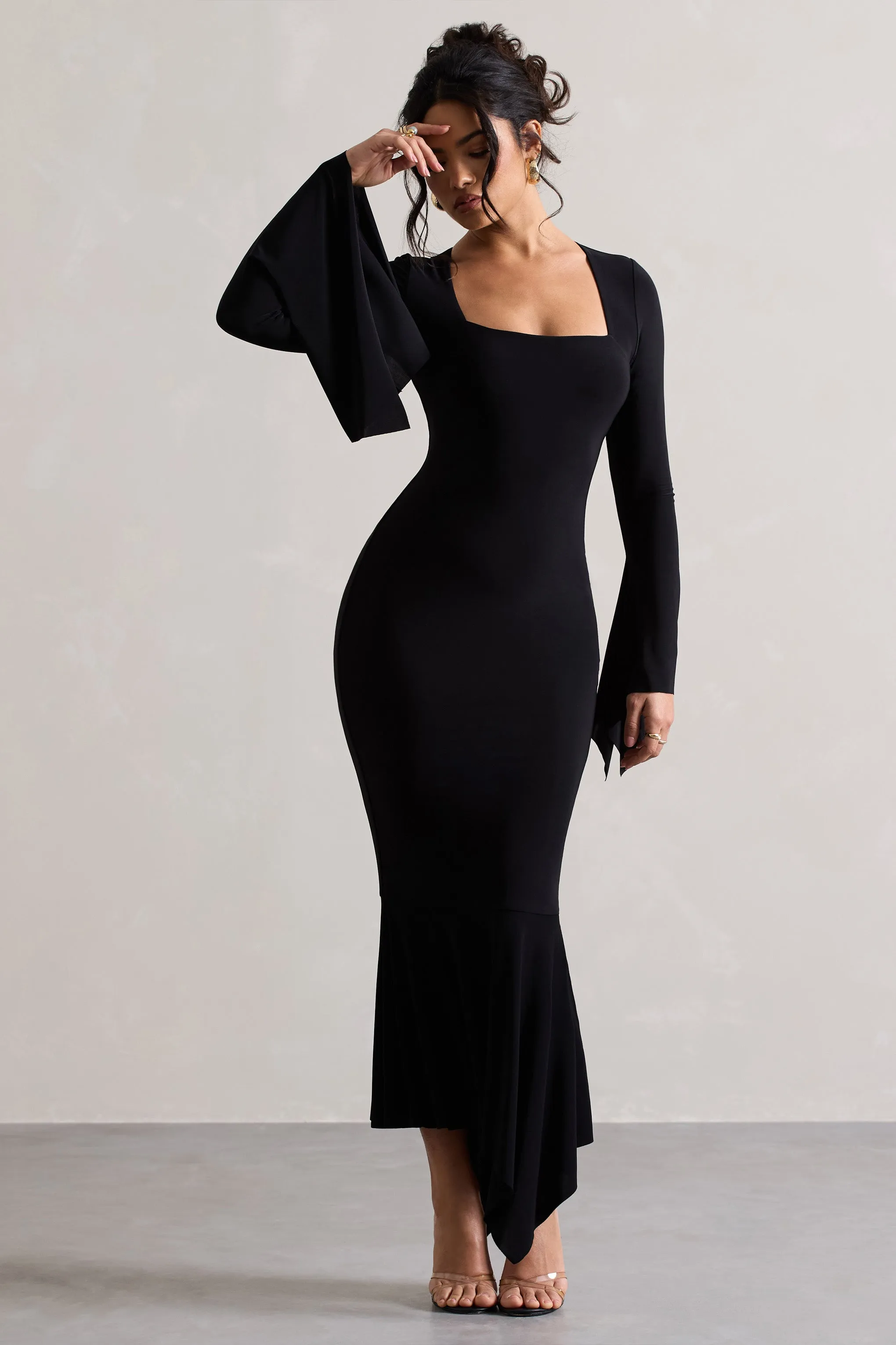 Meliora | Black Square-Neck Flute-Sleeve Asymmetric Midi Dress sold by Club L London product image thumbnail 4