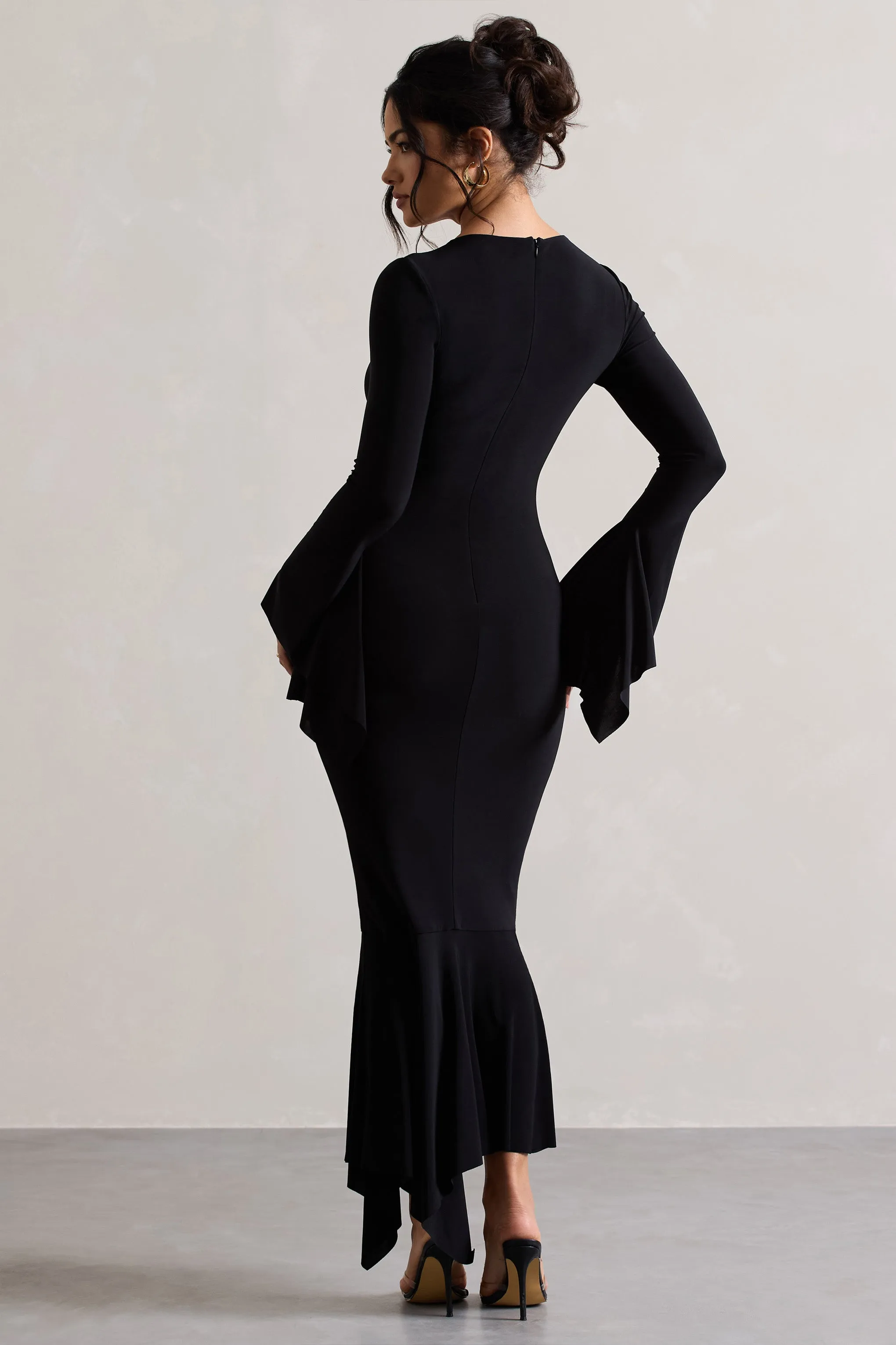 Meliora | Black Square-Neck Flute-Sleeve Asymmetric Midi Dress sold by Club L London product image thumbnail 2