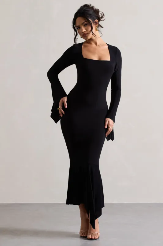 Meliora | Black Square-Neck Flute-Sleeve Asymmetric Midi Dress sold by Club L London