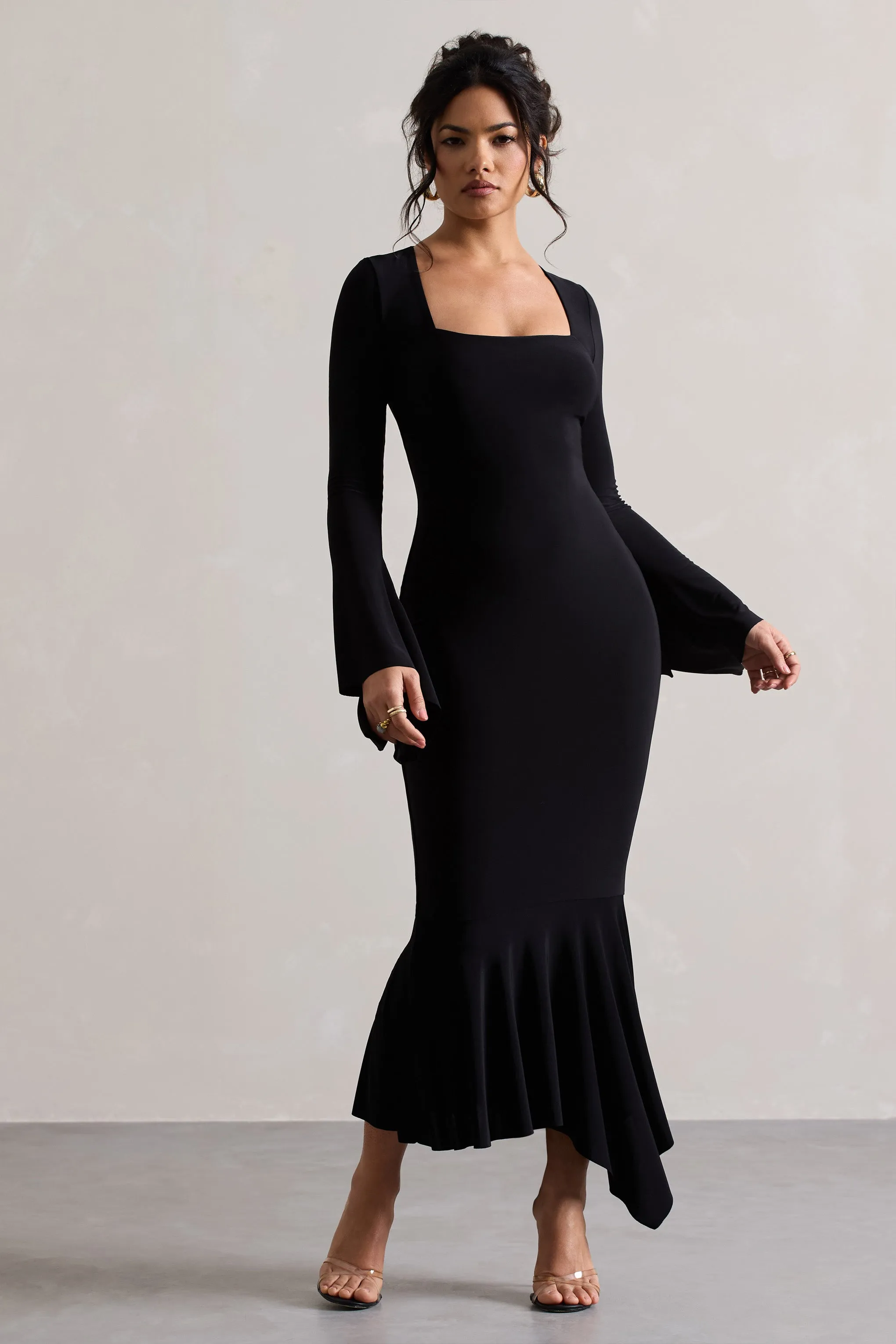 Meliora | Black Square-Neck Flute-Sleeve Asymmetric Midi Dress sold by Club L London product image thumbnail 5
