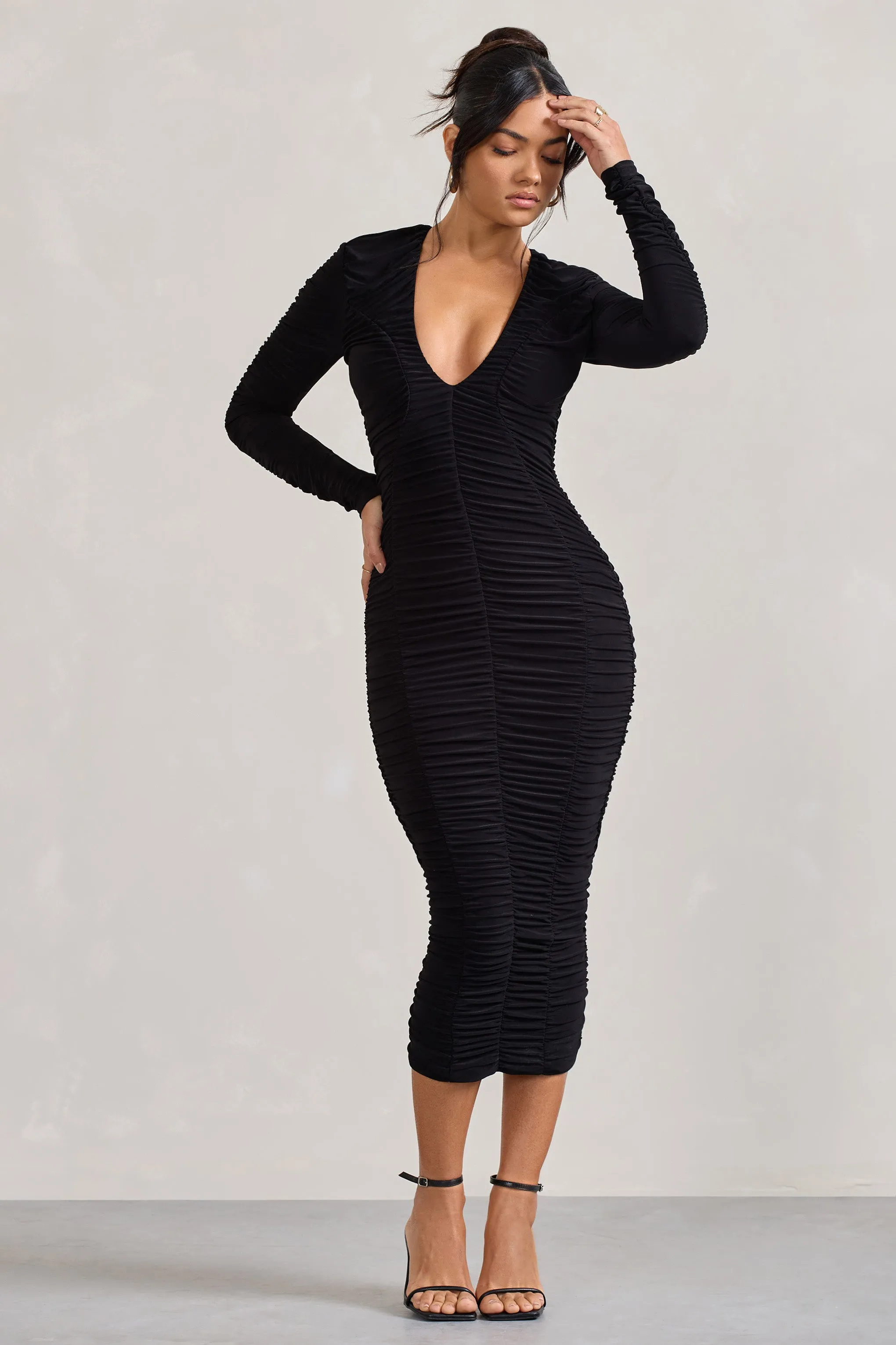 Elisabeth | Black V-Neck Long-Sleeved Midi Dress sold by Club L London product image thumbnail 5