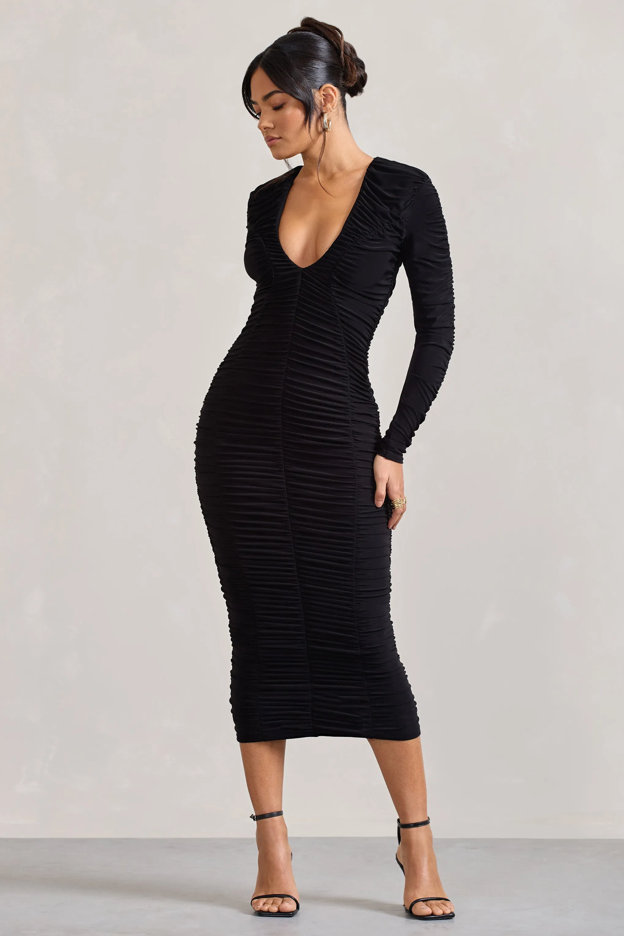 Elisabeth | Black V-Neck Long-Sleeved Midi Dress sold by Club L London product image thumbnail 4
