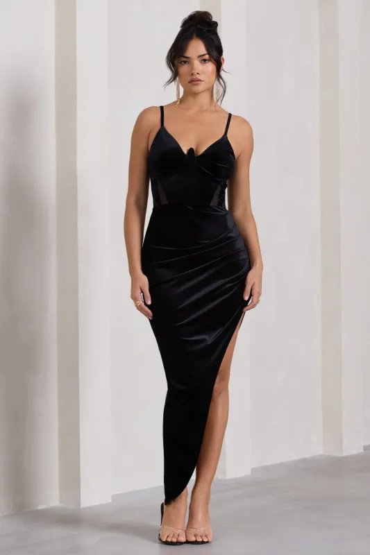 Courchevel | Black Velvet Strappy Corset Asymmetric Maxi Dress sold by Club L London