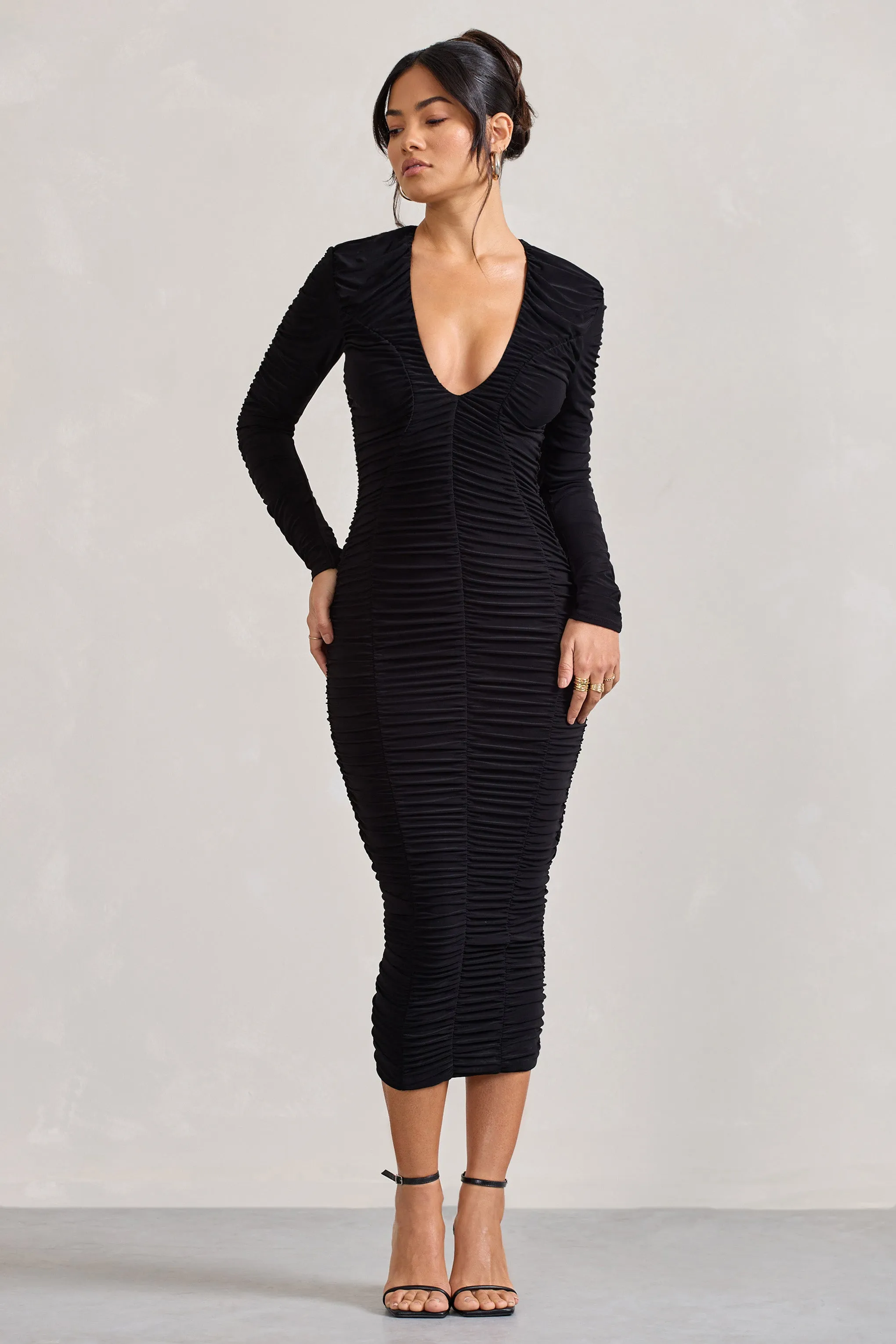 Elisabeth | Black V-Neck Long-Sleeved Midi Dress sold by Club L London
