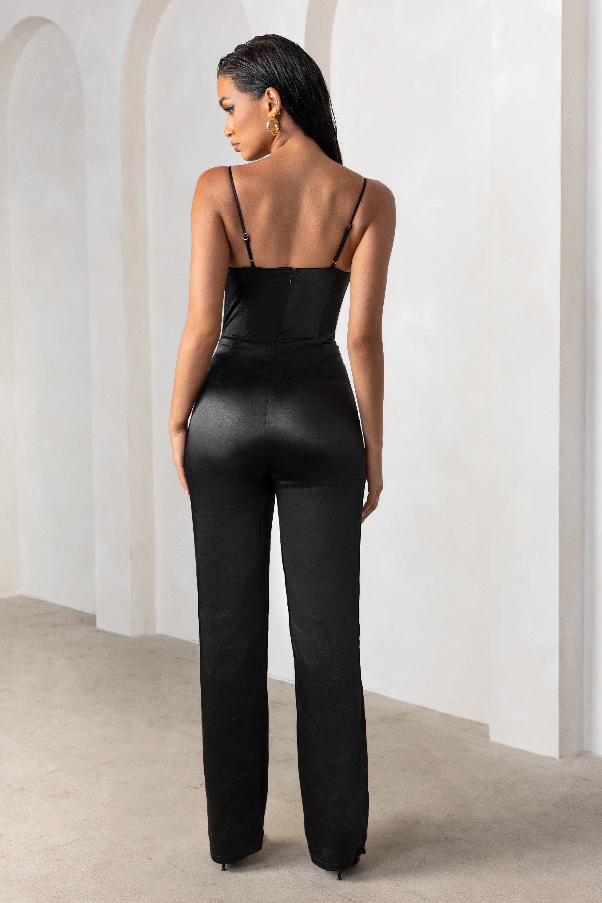 Reserved Destination | Black Satin Pleated Front Drape Corset Straight Leg Jumpsuit sold by Club L London product image thumbnail 2