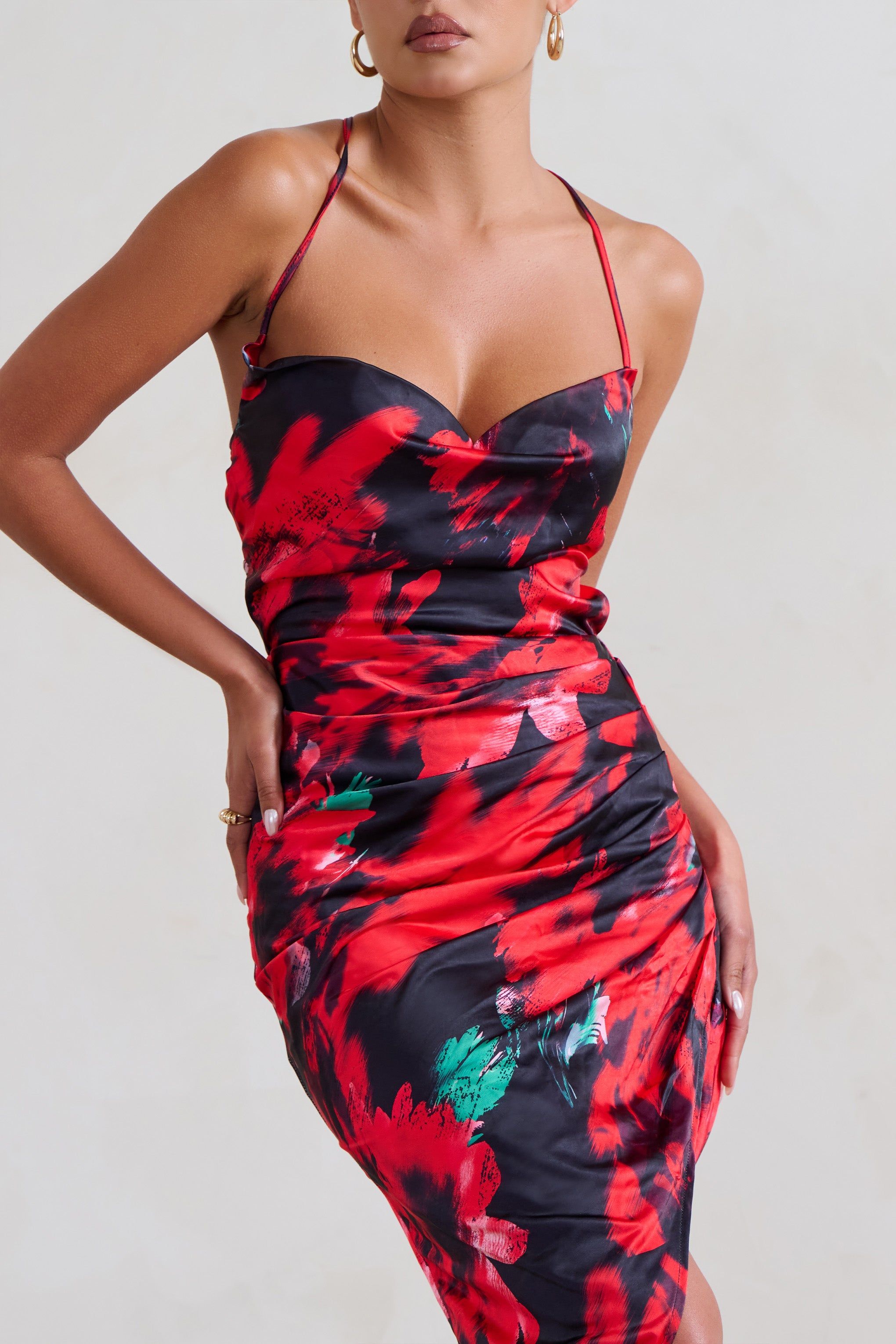 Risk It All | Black & Red Floral Print Cami Cowl Neck Asymmetric Hem Dress sold by Club L London product image thumbnail 4