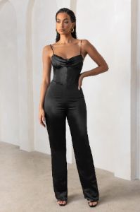 Reserved Destination | Black Satin Pleated Front Drape Corset Straight Leg Jumpsuit sold by Club L London
