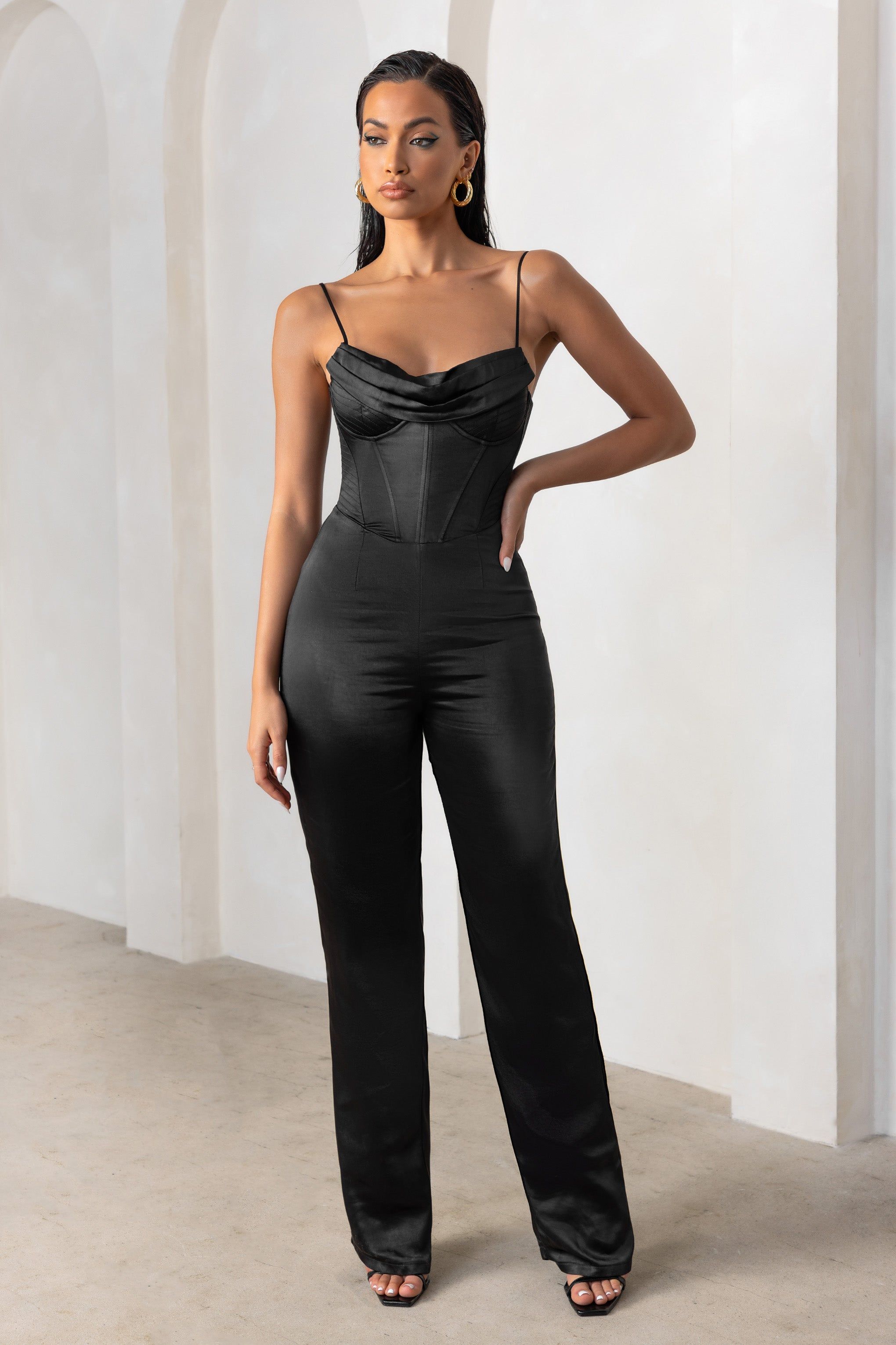 Reserved Destination | Black Satin Pleated Front Drape Corset Straight Leg Jumpsuit sold by Club L London product image thumbnail 4