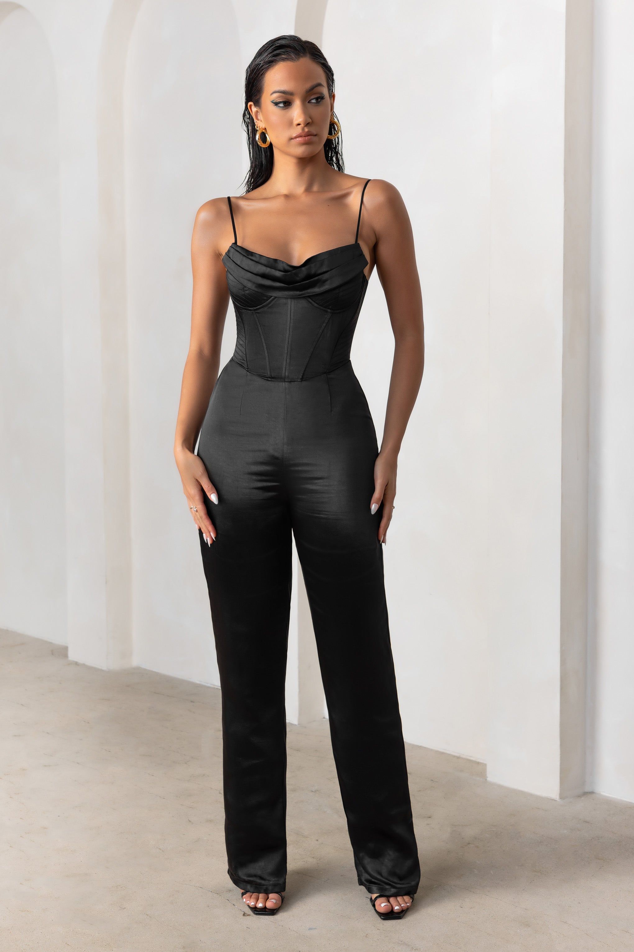 Reserved Destination | Black Satin Pleated Front Drape Corset Straight Leg Jumpsuit sold by Club L London
