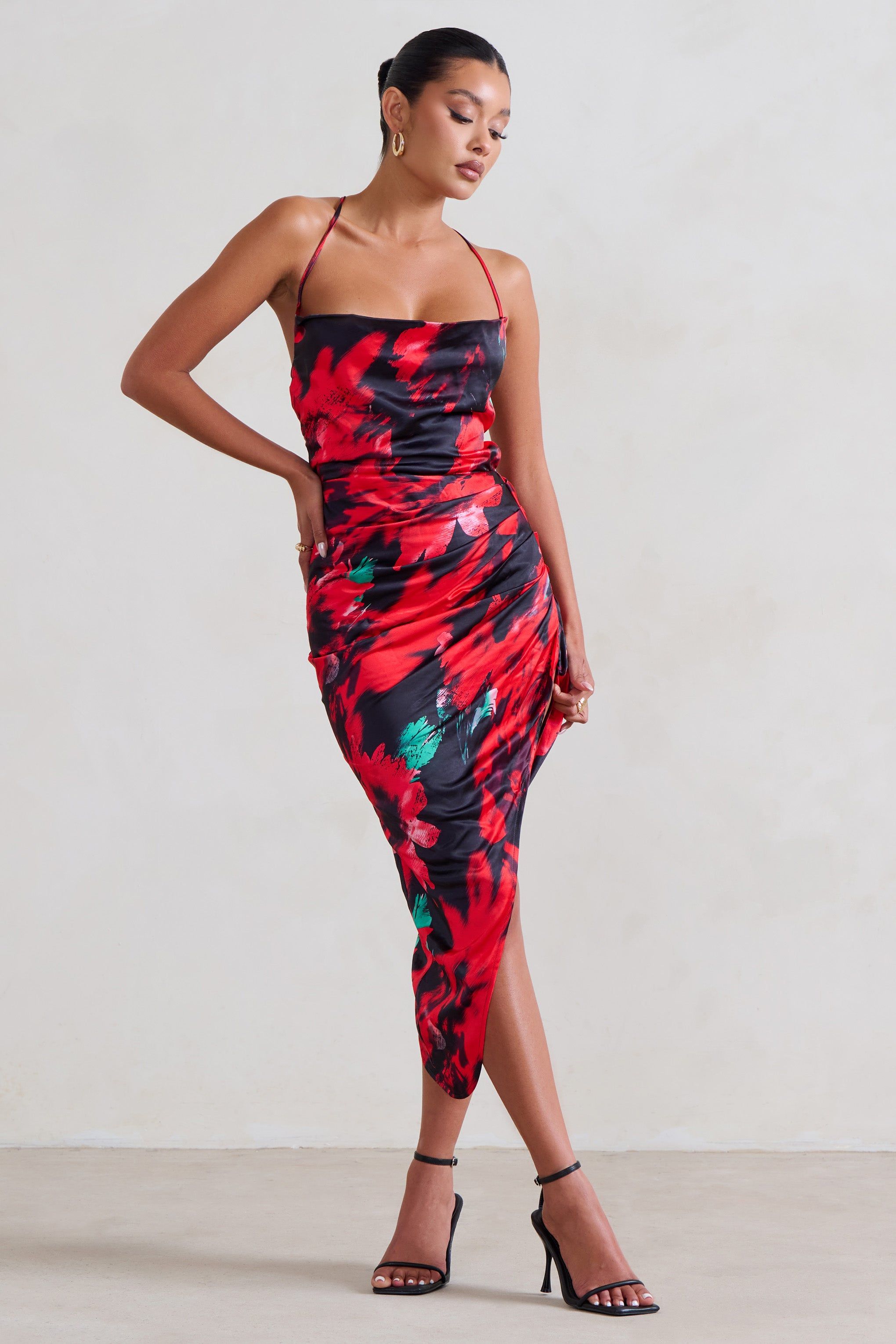 Risk It All | Black & Red Floral Print Cami Cowl Neck Asymmetric Hem Dress sold by Club L London product image thumbnail 3