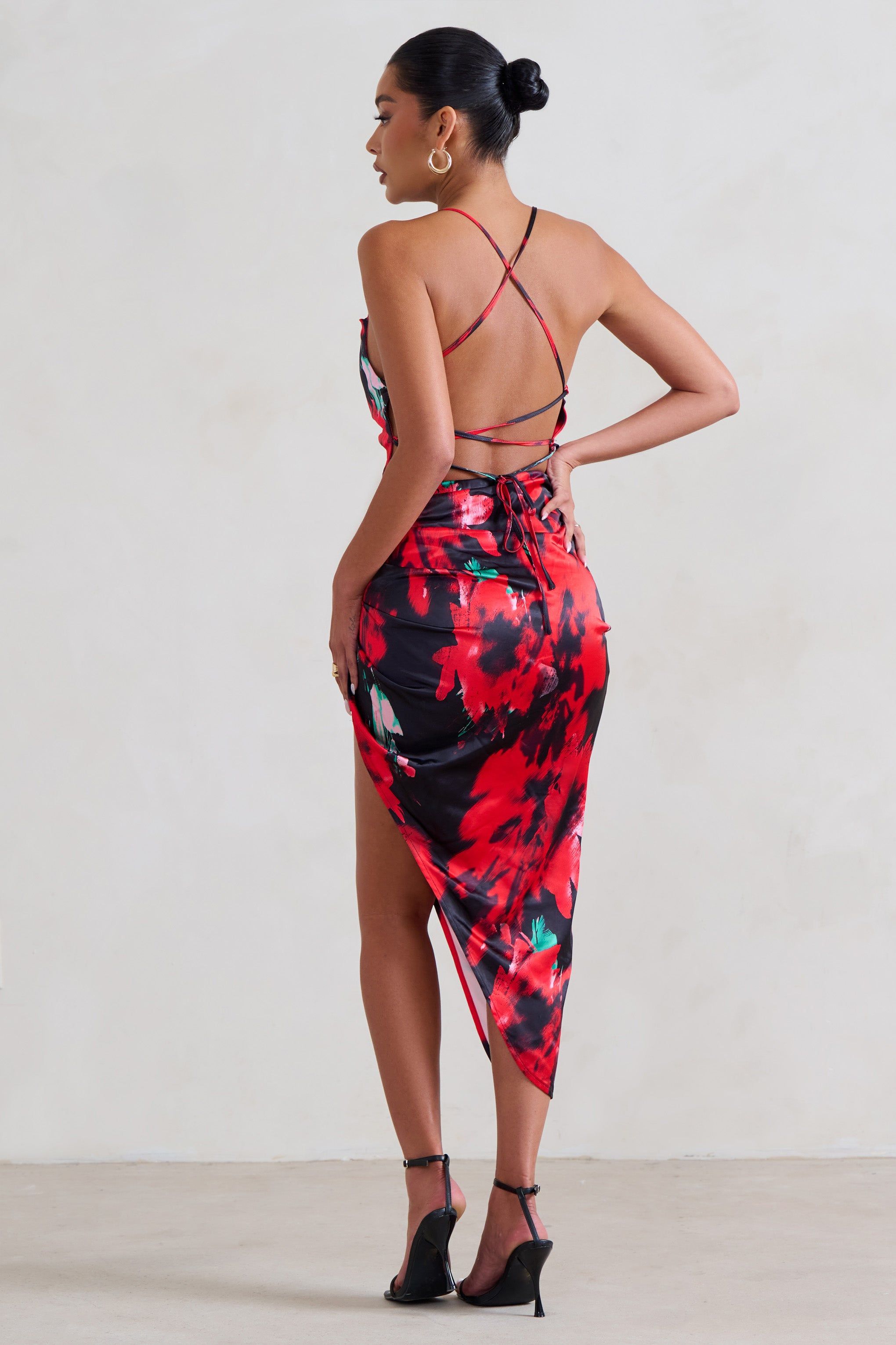 Risk It All | Black & Red Floral Print Cami Cowl Neck Asymmetric Hem Dress sold by Club L London product image thumbnail 2