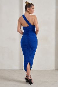 Connie | Cobalt Blue Ruched Asymmetric Neckline Midi Dress sold by Club L London