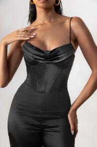 Reserved Destination | Black Satin Pleated Front Drape Corset Straight Leg Jumpsuit sold by Club L London