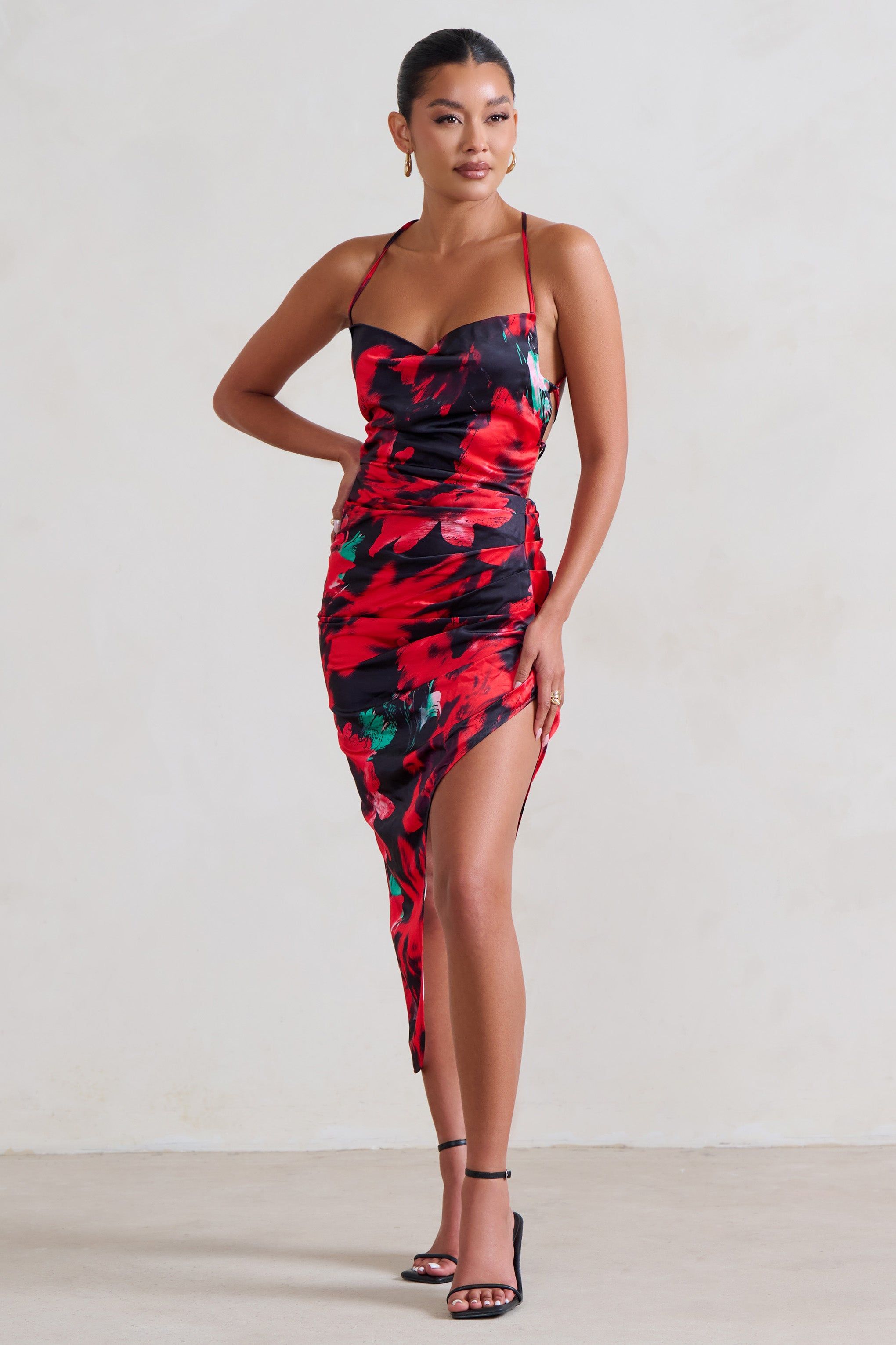 Risk It All | Black & Red Floral Print Cami Cowl Neck Asymmetric Hem Dress sold by Club L London