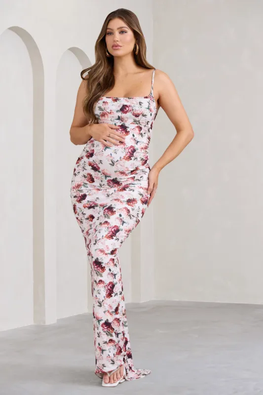 Flute | White Floral Print Maternity Cowl Bodycon Cami Maxi Dress sold by Club L London