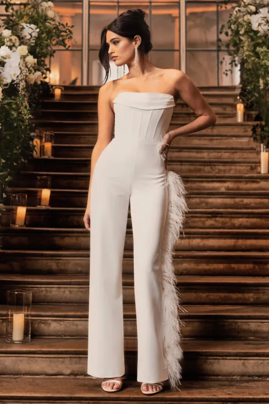 Topic Of Talk | White Strapless Bandeau Wide-Leg Jumpsuit With Feather Trim sold by Club L London