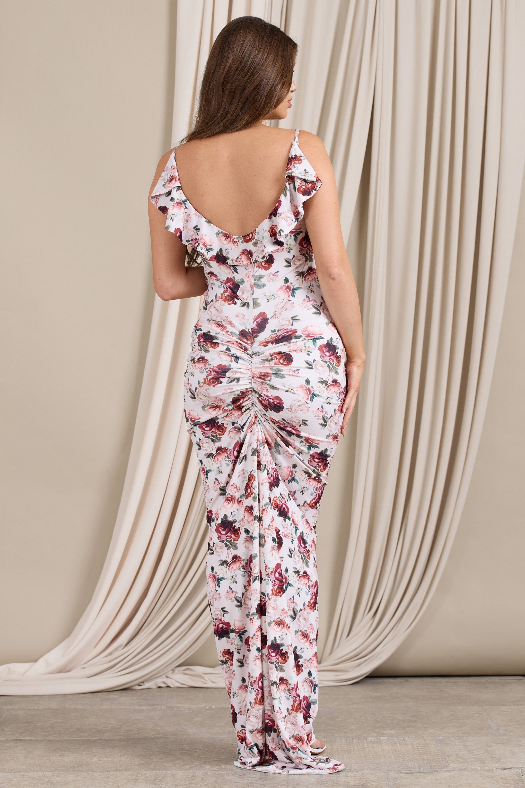 Flute | White Floral Print Maternity Cowl Bodycon Cami Midi Dress sold by Club L London